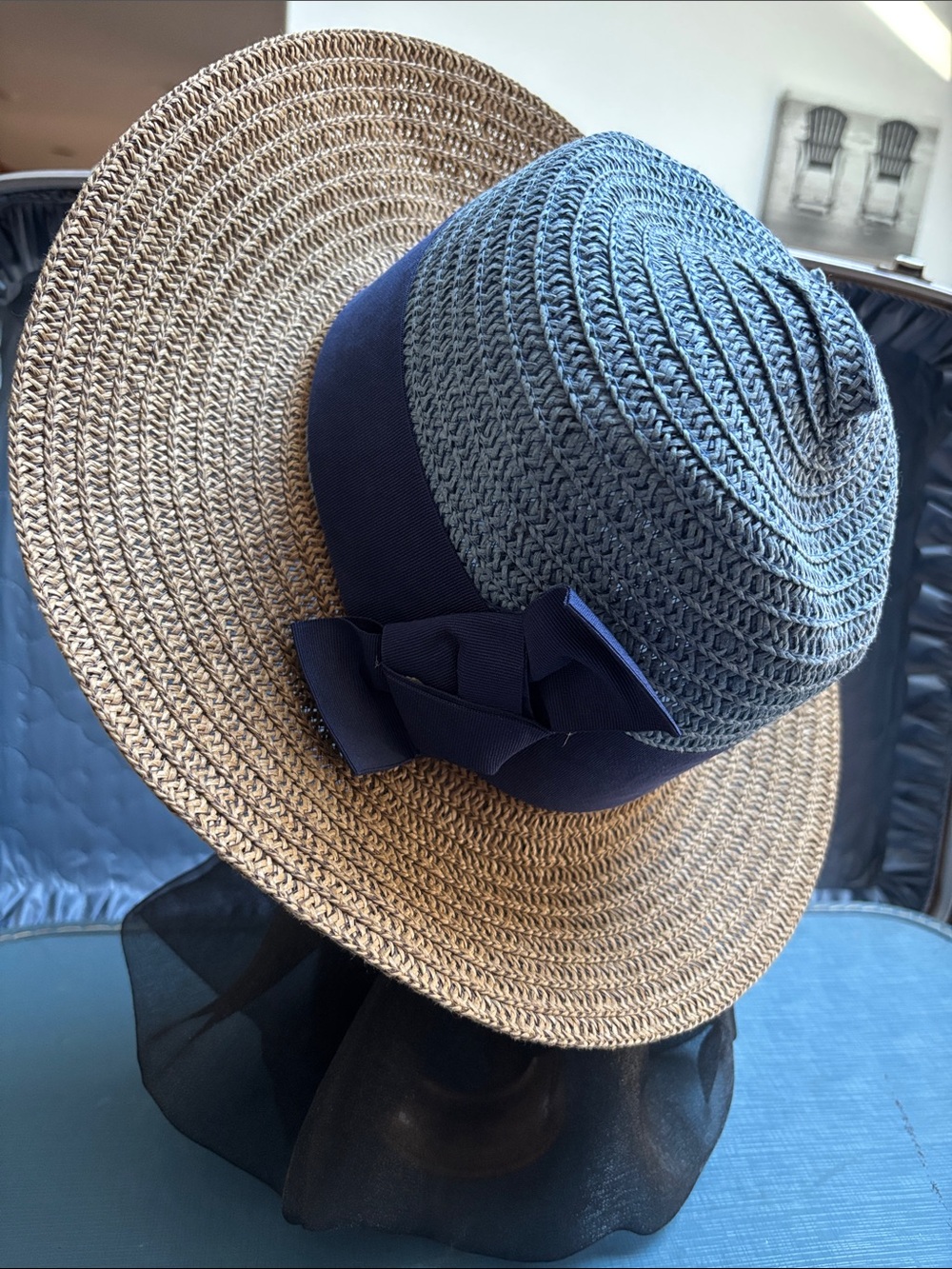 Wide Brim Straw Sun Hat with Navy Crown and Bow